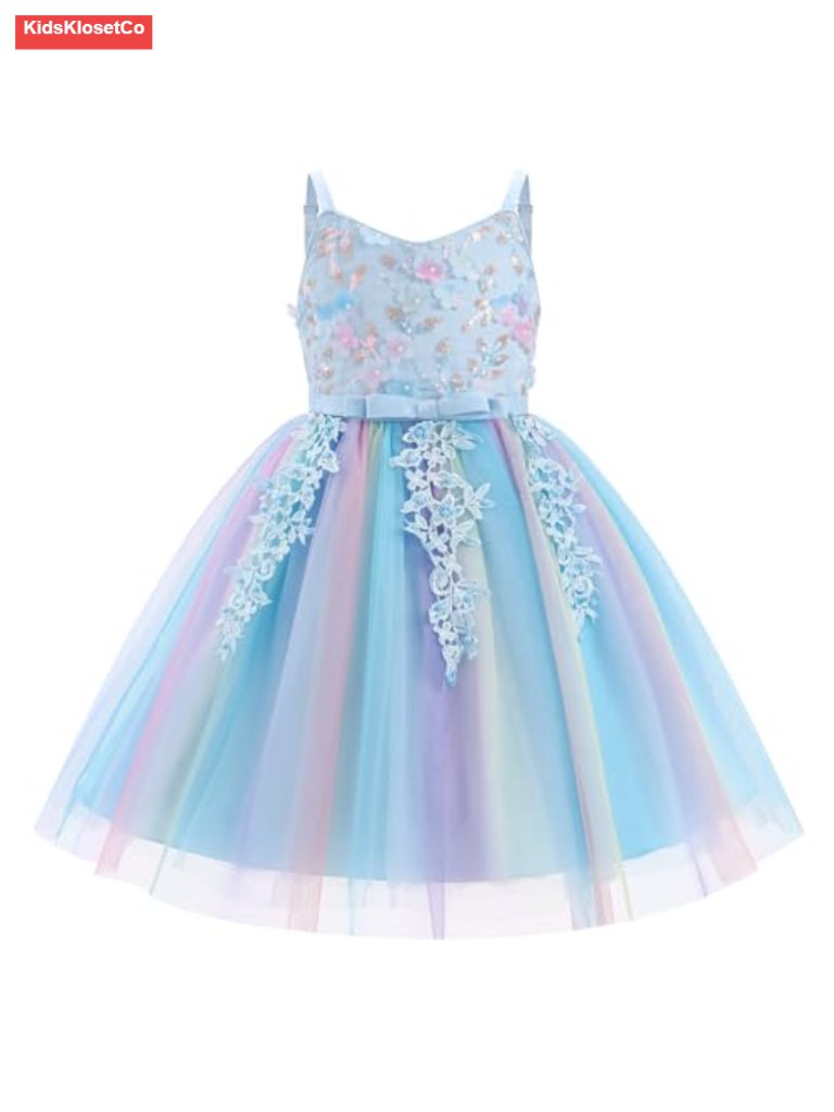 Toddler Girls Rainbow Tulle Flower Girl Dress With 3d Flower Sequins